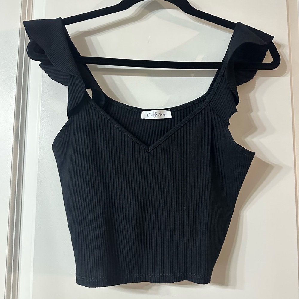 Charlotte Avery Black Ribbed Ruffle‎ Sleeve V-Neck Crop Top Large 10413